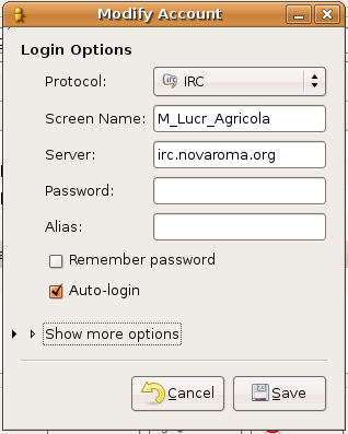 Nova Roma Chat IRC settings in GAIM